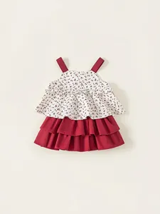 Girls floral bow camisole and red tiered skirt two-piece set for summer wear