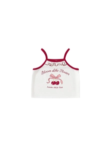 Débardeur blanc pour filles en coton avec bordure rouge, imprimés cerises et petit nœud