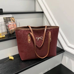 Women Leopard Print Tote Bag PU Leather Large Capacity Fashion Bow Shoulder Bag For Commuting Daily Work