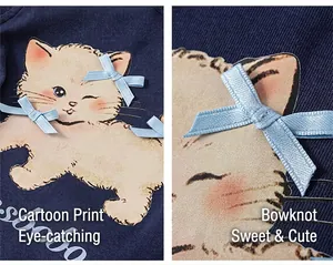 Dettaglio maglia blu navy per bambini con fiocchi 3D e simpatica stampa di gattino