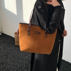 Retro large capacity tote bag with brown suede finish and leather handles for women