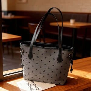 Large Capacity Canvas Tote Bag Stylish Dot Bow Pattern Shoulder Bag Korean Style Commuter Underarm Bag For Women Daily Use