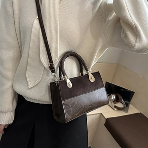 Vintage leopard patchwork handbag with woven handle and gold hardware for women