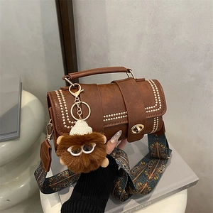 Vintage PU Leather Small Square Crossbody Bag For Women With Ethnic Print Wide Strap Rivet Decor Fashion Shoulder Bag