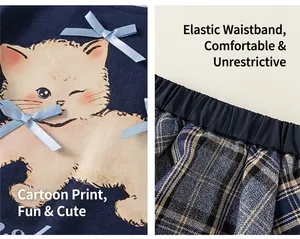Dettaglio set bambina a quadri con stampa gatto, fiocco di seta ed elastico in vita