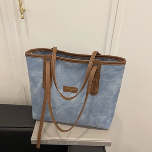 Sac Fourre-tout Femme Grande Capacité 2025 Nouveau Denim PU Matériau Couleur Contrastée Sac à Épaule Minimaliste Urbain