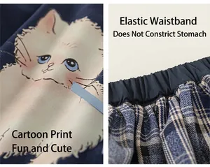 Dettaglio della stampa gatto e vita elastica sul set di vestiti a quadri per bambina