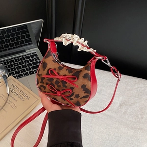 Women Sweet Bow Lace Mini Handbag Leopard Plaid Pattern Small Crossbody Bag Retro PU Leather Fabric Shoulder Bag For Daily Use
