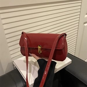 French Vintage Shiny PU Underarm Bag For Women Fashion Patent Leather Shoulder Bag With Metal Lock Small Square Tote Bag
