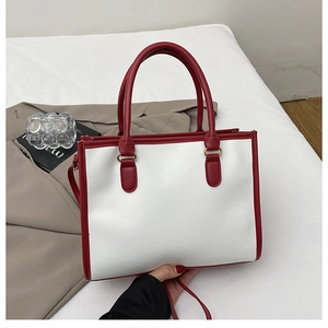 Close-up of white leather tote bag with red contrast piping and gold metal hardware