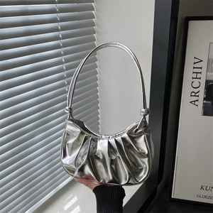 Women Metallic Pleated Cloud Shoulder Bag Trendy Dumpling Hobo Bag With Knotted Strap Fashion Underarm Bag Casual Handbag