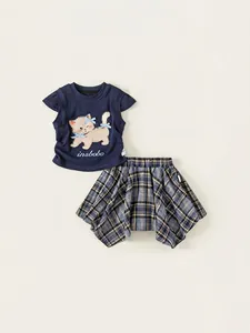 Set Gonna Scozzese Blu Marino da Ragazza T-Shirt in Cotone Dolce Con Fiocco 3D Stampa Gatto Cartone Animato Gonna a Pieghe Completo Due Pezzi Bambini