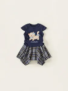 Set estivo gonna scozzese per bambine con t-shirt in cotone blu navy e stampa gatto