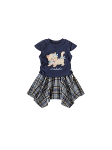 Set gonna a quadretti per bambina con maglietta blu scuro e stampa di gatto