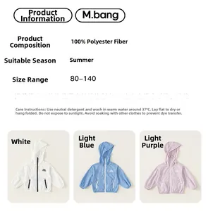 Size chart for kids hooded summer sun jackets in white, light blue and purple