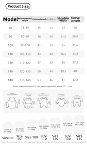 Size chart for children sun protection jacket covering heights 73cm to 140cm