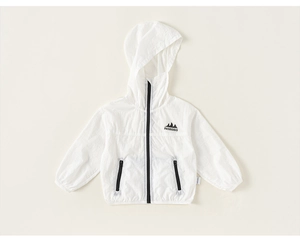 Detail of white hooded sun protection jacket with black zipper and logo for kids