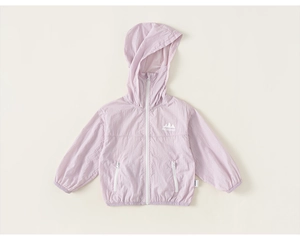 Detail of light purple hooded sun protection jacket with zip pockets and logo