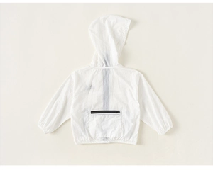 Flat lay of a white lightweight hooded sun protection jacket with back black zipper pocket