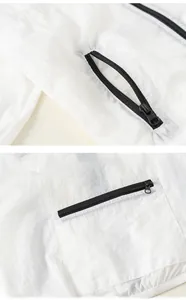 Detail of white translucent sun protection jacket featuring black zipper pocket craftsmanship