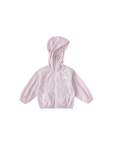 Children's lavender hooded sun protection jacket with zipper pockets and mountain logo