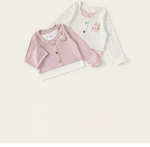 Detail of girls cotton long-sleeve tee with colorful buttons and cute bunny badge