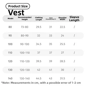 Detailed size chart for girls knitted bear vest with measurements for height and length