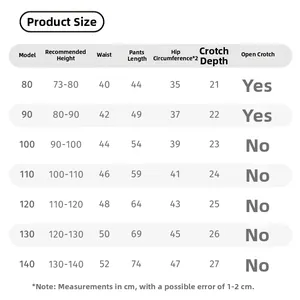 Detailed size chart for children cargo pants showing height, waist, and length measurements
