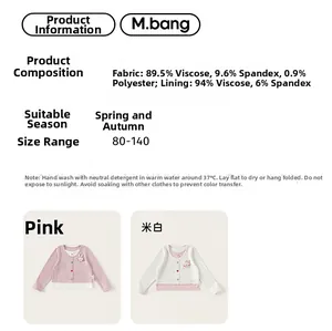 Detailed sizing chart and material specs for pink and beige kids' long sleeve T-shirt