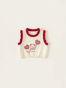 Sweet Girls Knitted Vest Contrast Color Ruffle Sleeveless Sweater Cartoon Bear Heart Pattern Kids Knitwear Off White Red