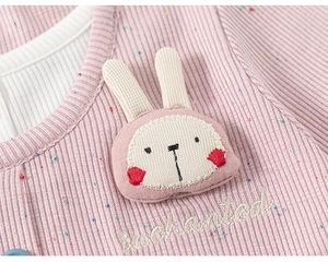 Detail of pink ribbed fabric with embroidered rabbit patch and enchanted text detail