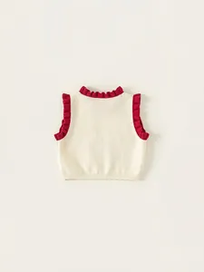 Girls contrast knit bear vest sweater with red ruffle trim in cream white color