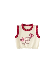 Kids knitted bear vest in cream white with red ruffled edges and heart patterns