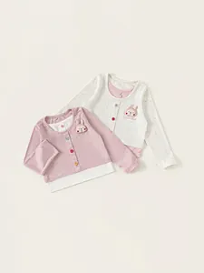 Pink and beige waffle knit baby cardigans with colorful buttons and bunny embroidery