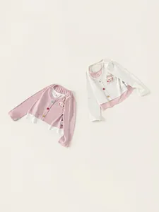 Girls long sleeve fake two-piece cardigan with cute animal patch and contrast colors
