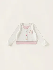 Girls' cream mock two-piece long sleeve top with colorful dots and bunny patch detail