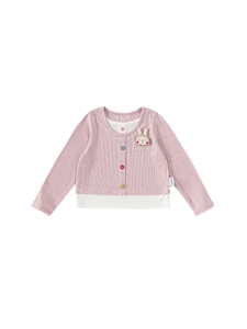 Pink rib-knit long sleeve t-shirt for girls with cute rabbit embroidery and colorful buttons