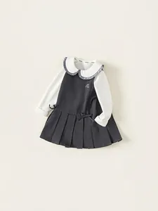 Mädchen Schulset mit weißem Langarmshirt und dunkelgrauem Faltenrock-Trägerkleid
