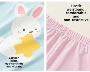 Detail of blue sleeveless top with rabbit print and pink elastic waistband for kids