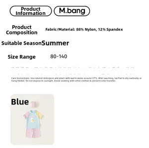 Detail view of blue children's three-piece swimsuit showing 88% nylon fabric and size chart