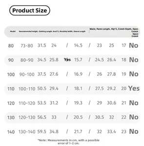 Detailed size chart for children clothing set showing measurements from 80 to 140 cm