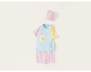 Flat lay detail of kids' three-piece swimwear featuring cute bunny print and pastel colors