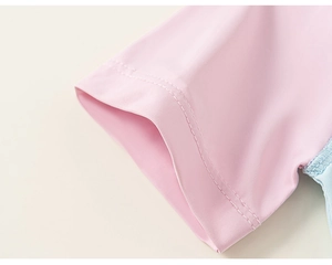 Macro detail of high-elastic pink and blue sleeve stitching with durable double-needle flat seam