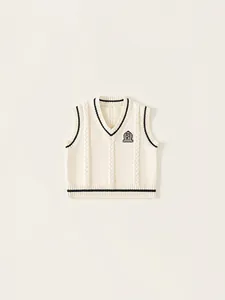 Boys Preppy Style Acrylic Cable Knit Vest V-Neck Striped Trim Sleeveless Sweater With Embroidered Badge For Kids School Wear
