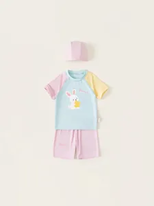 Kids UPF 50+ sun protection three-piece swimsuit set with cute bunny print and swim cap
