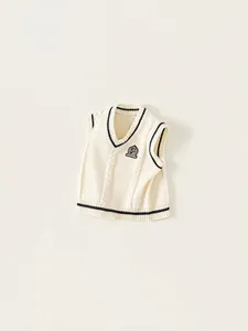 Classic cream V-neck knit vest for boys featuring preppy embroidery and stripe trim
