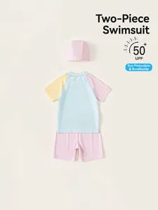Kids UPF 50+ three-piece swimsuit set with sun protection top and shorts in macaron colors