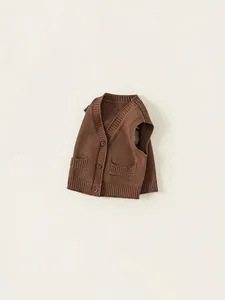 Gilet classico in maglia marrone scuro per bambini con scollo a V, bottoni e tasche