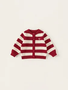 Girls Sweet Red White Striped Knit Cardigan Round Neck Heart Embroidered Long Sleeve Single Breasted Knitted Sweater Outerwear