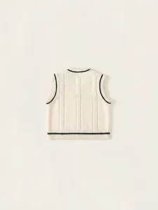 Classic cream cable knit vest for boys with contrasting black stripes in preppy style